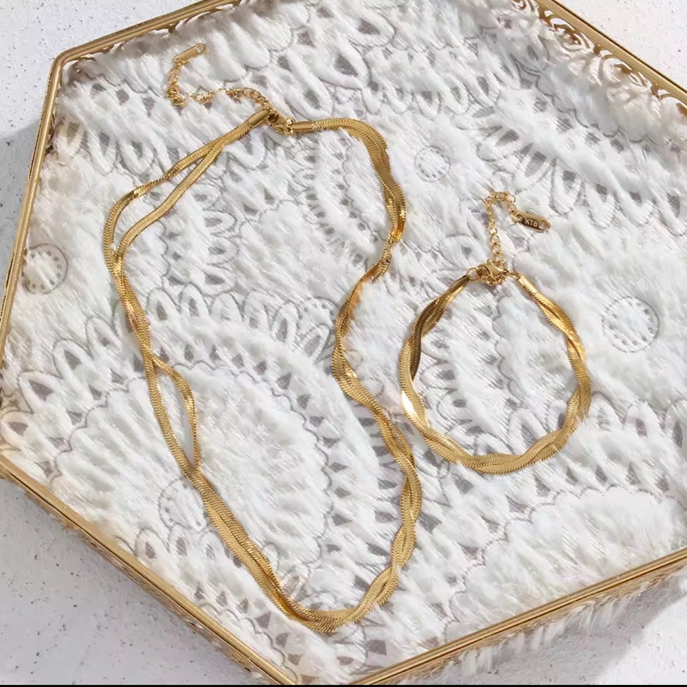 Braided New Herringbone Necklace Bracelet
 Gold 18K plated Set Stainless Steel - Picture 9 of 15